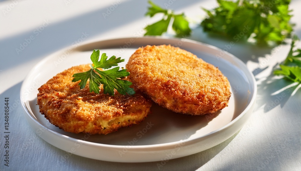 two goldenbrown crispy fried fish cakes on a white plate garnished with fresh parsley bright sunny background two goldenbrown crispy fried fish cakes on a white plate garnished with fresh parsley bright sunny background