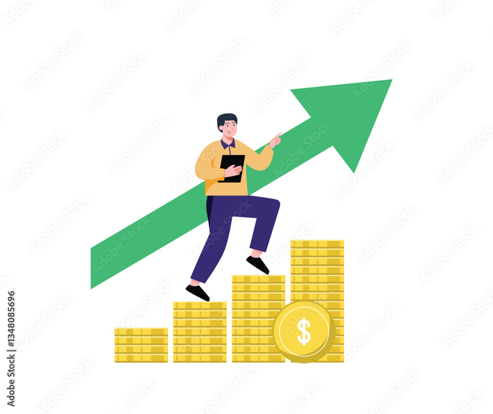 Man Climbing Money Steps Towards Growth with Arrow Illustration Concept Man Climbing Money Steps Towards Growth with Arrow Illustration Concept