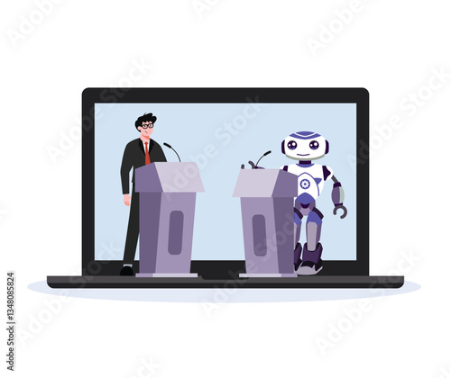 Robot versus human debate on screen, artificial intelligence competition concept