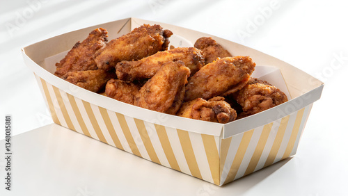 Golden Crispy Fried Chicken Wings: A Mouthwatering Presentation of Perfectly Cooked Wings in a Striped Paper Container, Isolated on a Pure White Background.