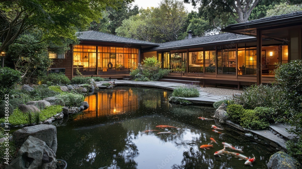 Modern Japanese House with Tranquil Courtyard and Reflective Pond Modern Japanese House with Tranquil Courtyard and Reflective Pond
