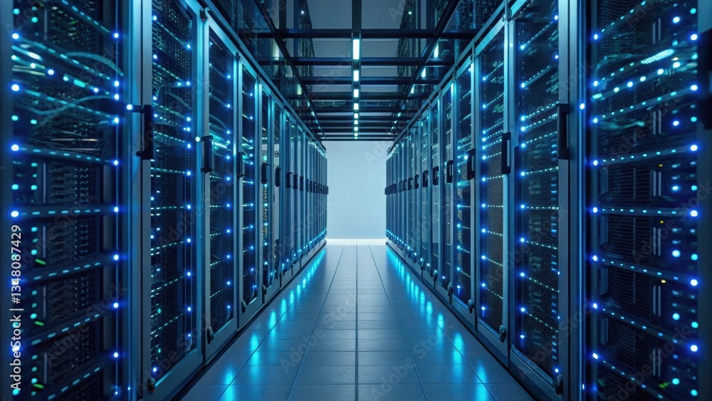 High-tech server room featuring intricate networking and automated digital workflows in action High-tech server room featuring intricate networking and automated digital workflows in action