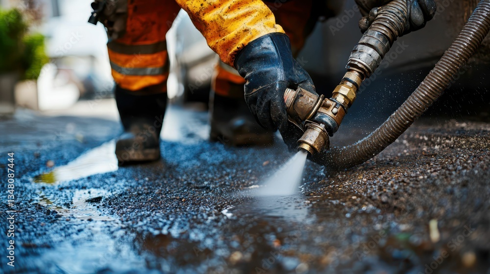 Plumber Using Hydro Jet to Blast Away Stubborn Clogs and Debris Plumber Using Hydro Jet to Blast Away Stubborn Clogs and Debris