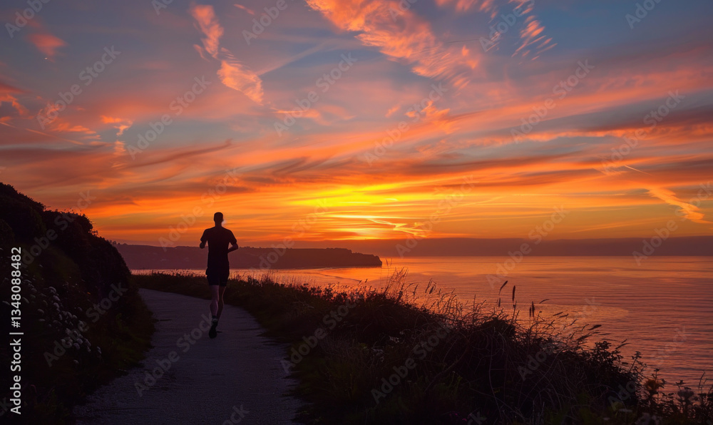 runner enjoys scenic sunset along coastal path with vibrant skies runner enjoys scenic sunset along coastal path with vibrant skies
