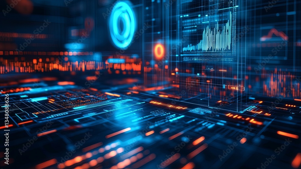 Futuristic digital interface with data analytics and artificial intelligence elements, technology concept. Futuristic digital interface with data analytics and artificial intelligence elements, technology concept.