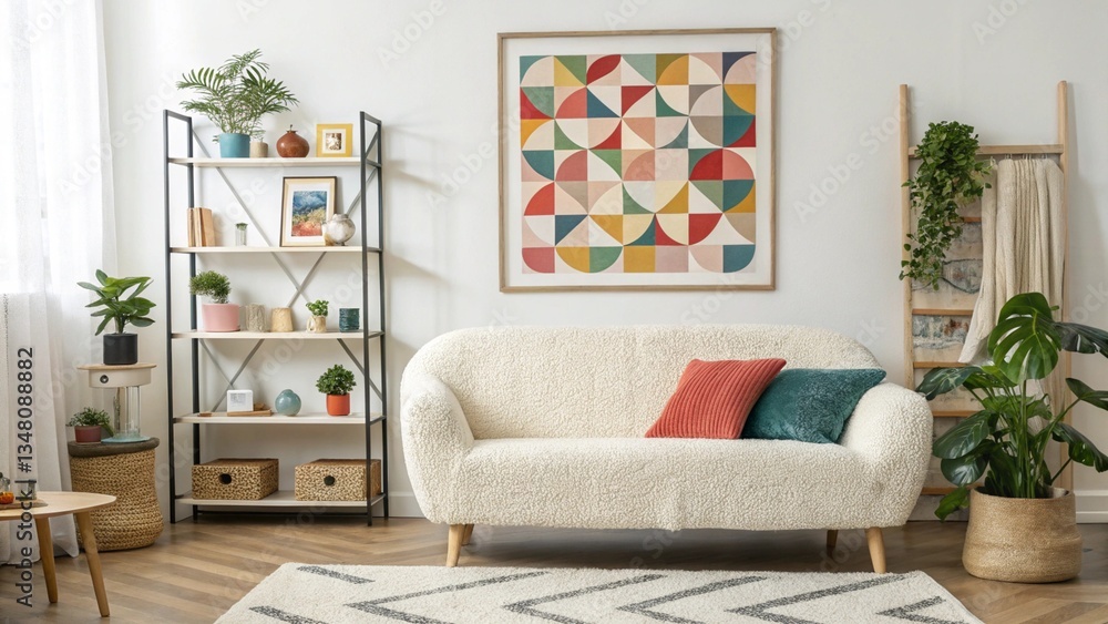 Obraz premium Minimalist Boho Living Room with Cozy Decor. modern, boho, decor, cozy, chic, stylish, interior, home, design, furniture, aesthetic, living, contemporary, neutral, warmth, elegant, Scandinavian.