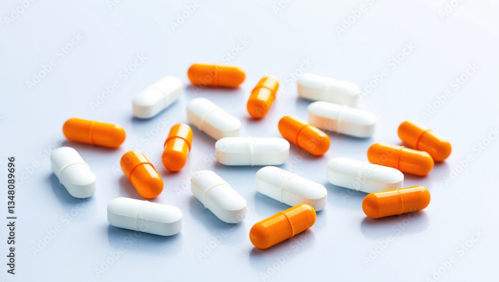 White and orange pills scattered on light background. Random arrangement for medical or pharmaceutical themes. Clean, cool composition. White and orange pills scattered on light background. Random arrangement for medical or pharmaceutical themes. Clean, cool composition.