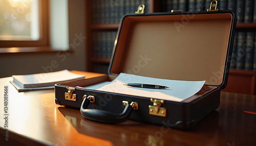 an open briefcase with legal papers and a pen resting on top, placed on a lawyer's desk
