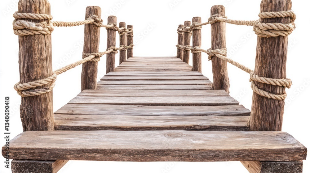 Obraz premium Rustic wooden footbridge with rope railings, isolated on a white background. Perfect for conveying concepts of transition, connection, or outdoor adventure.