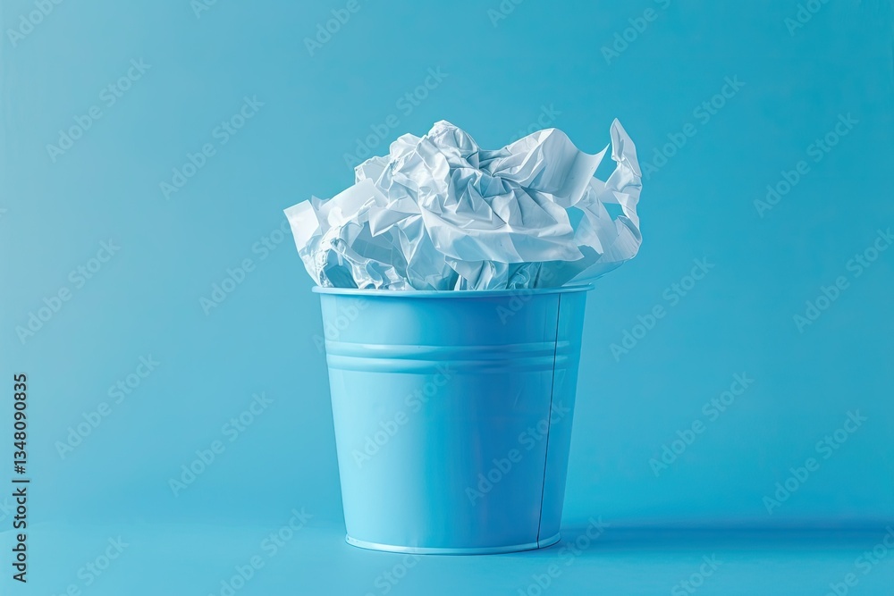 Pixel Perfect Picture of Trash Can with Crumpled White Paper on Blue Background No People Pixel Perfect Picture of Trash Can with Crumpled White Paper on Blue Background No People