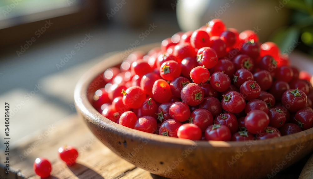 a close-up of fresh goji berries with a vibrant red color, piled in a wooden bowl, softly illuminated by natural daylight with a blurred rustic kitchen background a close-up of fresh goji berries with a vibrant red color, piled in a wooden bowl, softly illuminated by natural daylight with a blurred rustic kitchen background