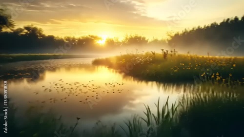 Wallpaper Mural Serene Sunrise Over a Tranquil Riverbank Landscape Torontodigital.ca