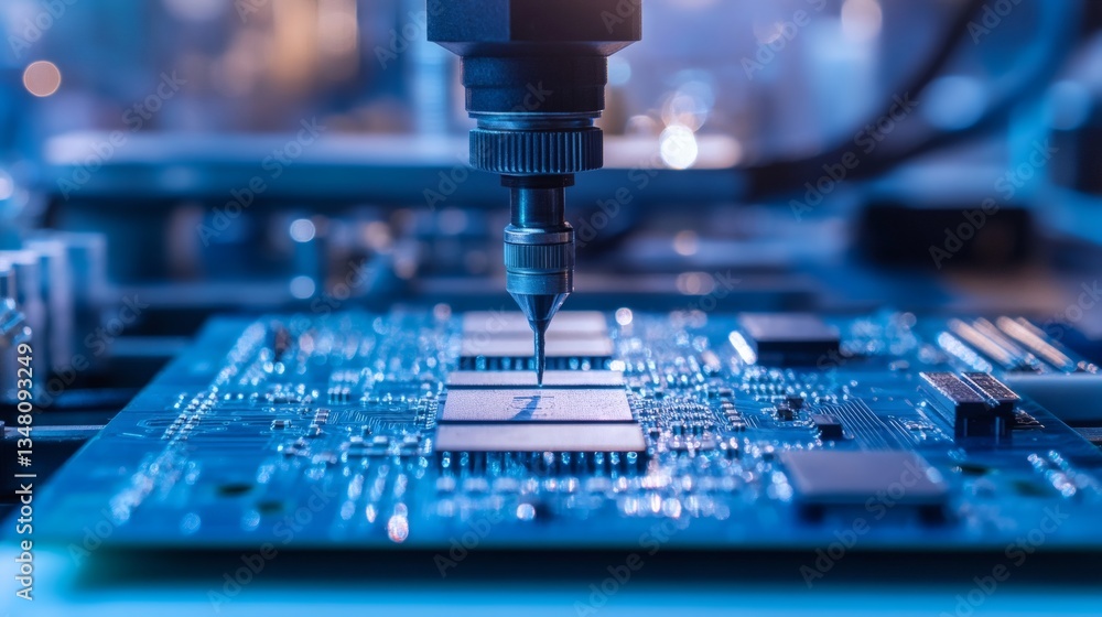 Close Up of Automated Machine Precisely Assembling Blue Circuit Board Close Up of Automated Machine Precisely Assembling Blue Circuit Board