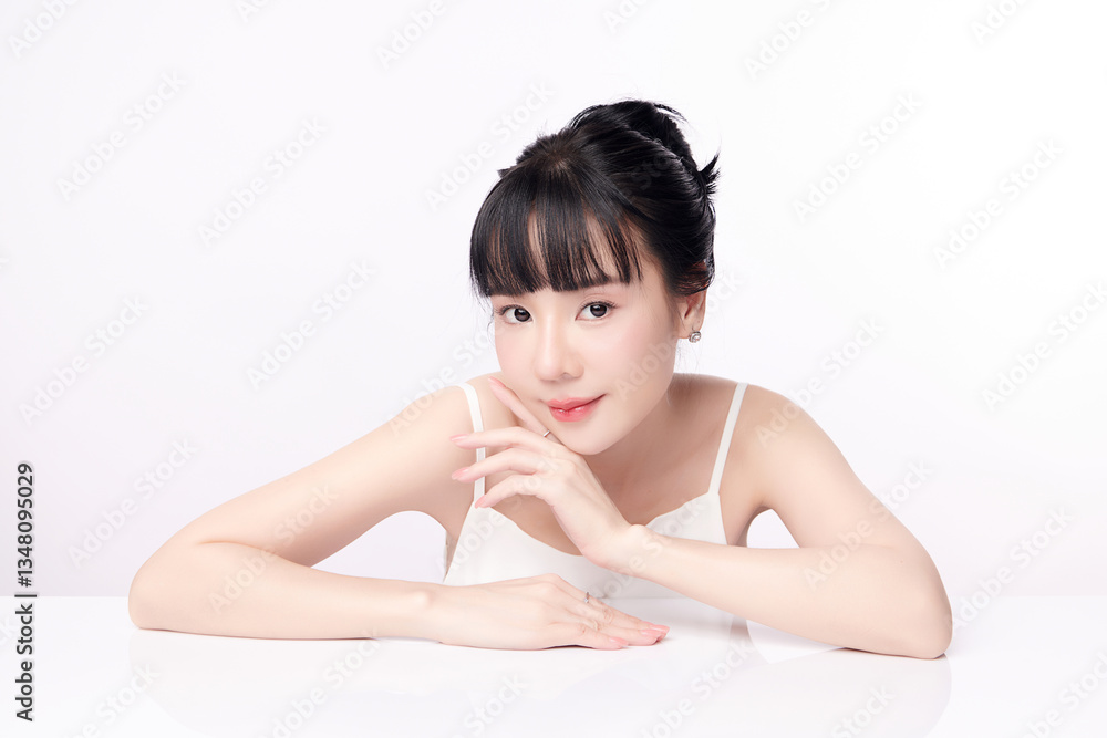 A beautiful young Asian woman with clean, fresh skin against a white background. Skincare, facial treatment, cosmetology, beauty, and spa. An elegant portrait of an Asian woman. A beautiful young Asian woman with clean, fresh skin against a white background. Skincare, facial treatment, cosmetology, beauty, and spa. An elegant portrait of an Asian woman.