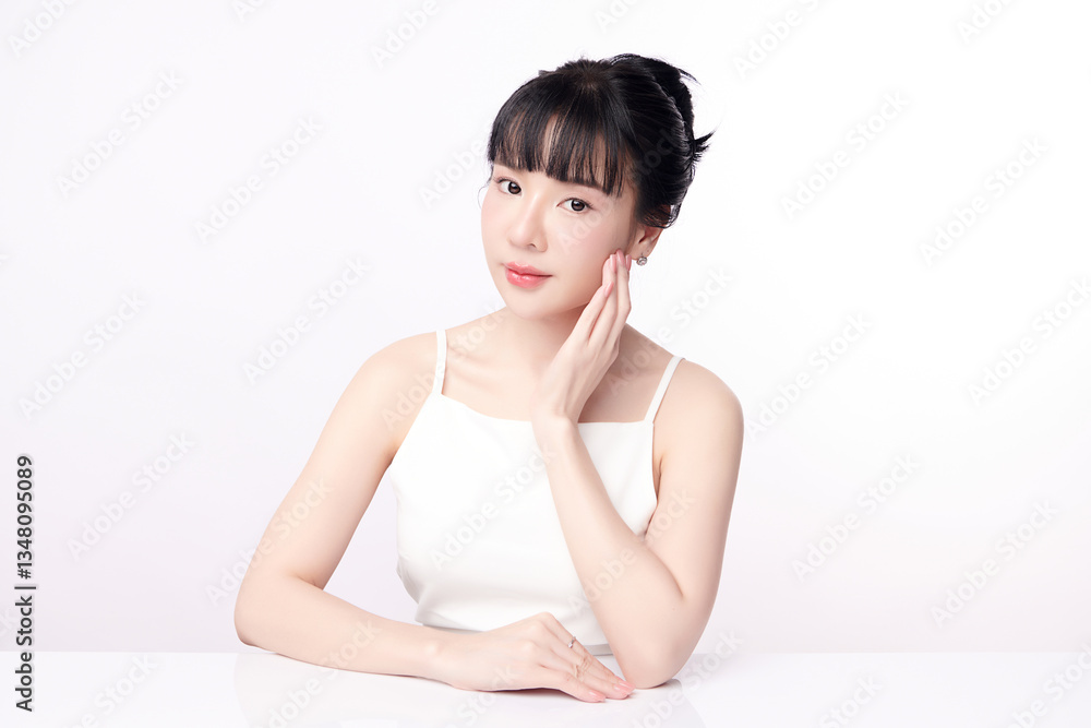A beautiful young Asian woman with clean, fresh skin against a white background. Skincare, facial treatment, cosmetology, beauty, and spa. An elegant portrait of an Asian woman. A beautiful young Asian woman with clean, fresh skin against a white background. Skincare, facial treatment, cosmetology, beauty, and spa. An elegant portrait of an Asian woman.