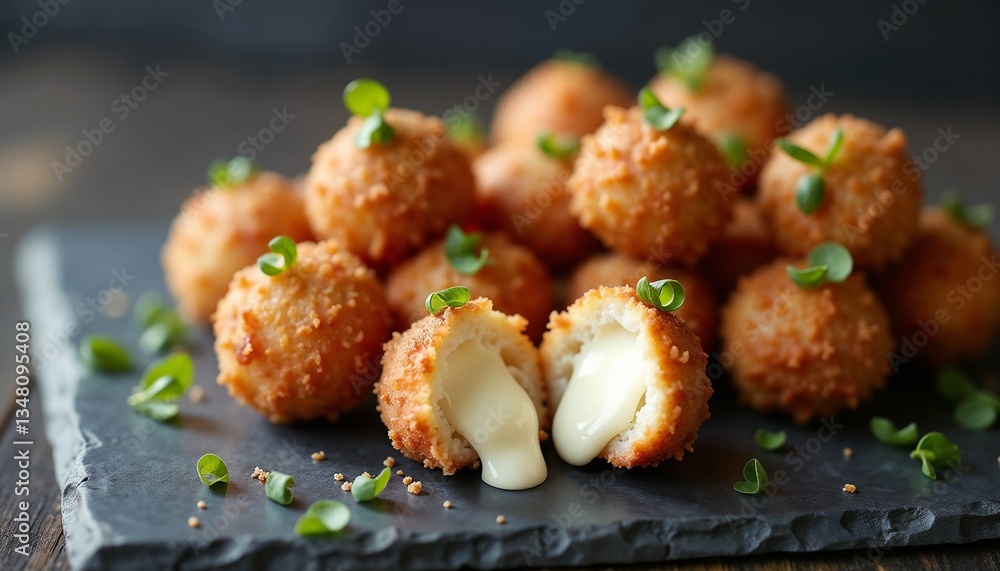 Fried Mozzarella Balls with Fresh Herbs, Appetizing Comfort Food Fried Mozzarella Balls with Fresh Herbs, Appetizing Comfort Food