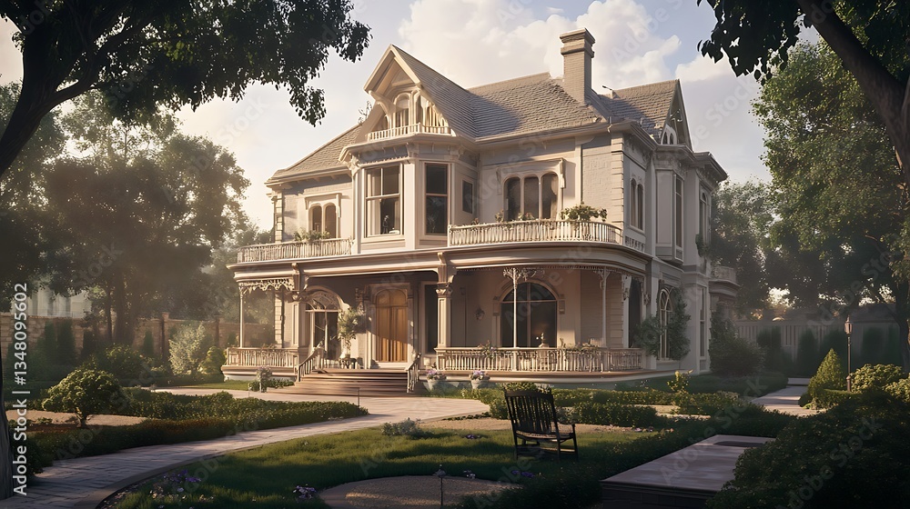 Obraz premium Victorian Mansion: A Serene Morning in the Garden