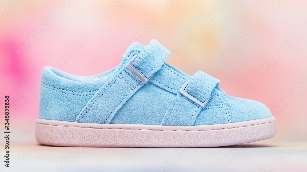 A stylish blue suede shoe with two adjustable straps sits against a colorful, blurred background, perfect for casual wear in spring