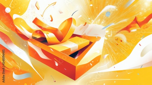 Opened gift box with explosion in the background. Celebrate and giving concept
