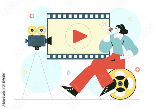 Film Festival Vector Illustration Featuring Cinematography and the Process of Shooting Movies and Films in a Studio with Camera and Filmstrip