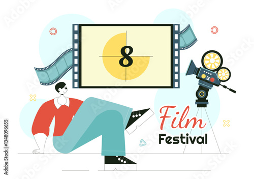 Film Festival Vector Illustration Featuring Cinematography and the Process of Shooting Movies and Films in a Studio with Camera and Filmstrip
