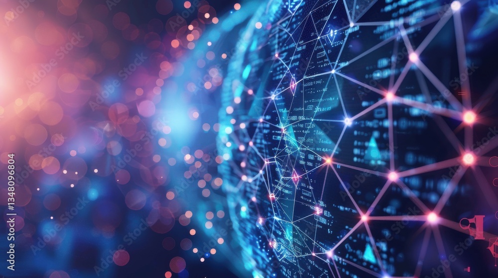 Obraz premium Glowing network of perfect hash function mapping reveals digital efficiency and abstract visualization grain for optimized mathematical patterns.