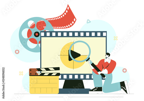 Film Festival Vector Illustration Featuring Cinematography and the Process of Shooting Movies and Films in a Studio with Camera and Filmstrip