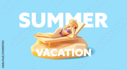 Modern banner for summer vacation, and beach relaxation. 3D young character of a girl, a woman sunbathing on a deck chair. For summer, relaxation, and resort concepts. Vector illustration.