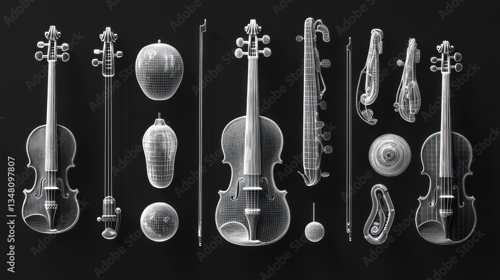 Naklejka premium Wireframe Violins: A 3D Model of String Instruments