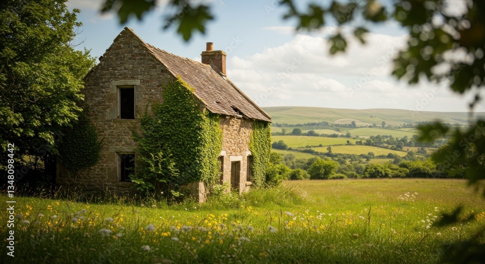 Fototapeta premium Old Stone Cottage in Meadow Surrounded by Rolling Green Hills