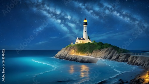 the lighting of a lighthouse that illuminates the evening sea