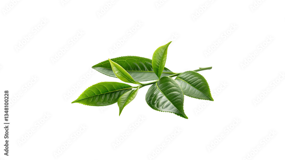 A branch of vibrant green tea leaves isolated against a stark black background in a studio shot A branch of vibrant green tea leaves isolated against a stark black background in a studio shot