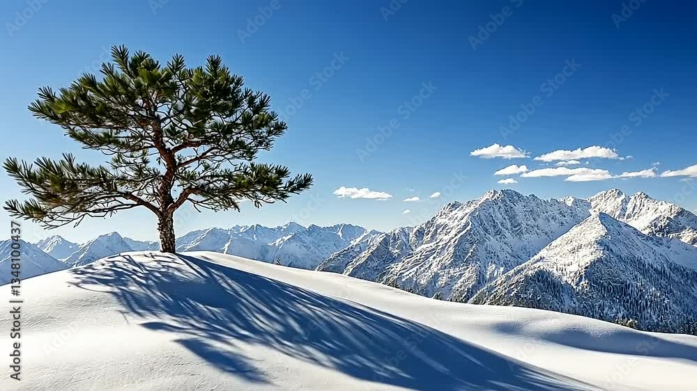 Majestic lone pine tree stands on a snowy mountain peak under a clear blue sky with distant ranges Majestic lone pine tree stands on a snowy mountain peak under a clear blue sky with distant ranges
