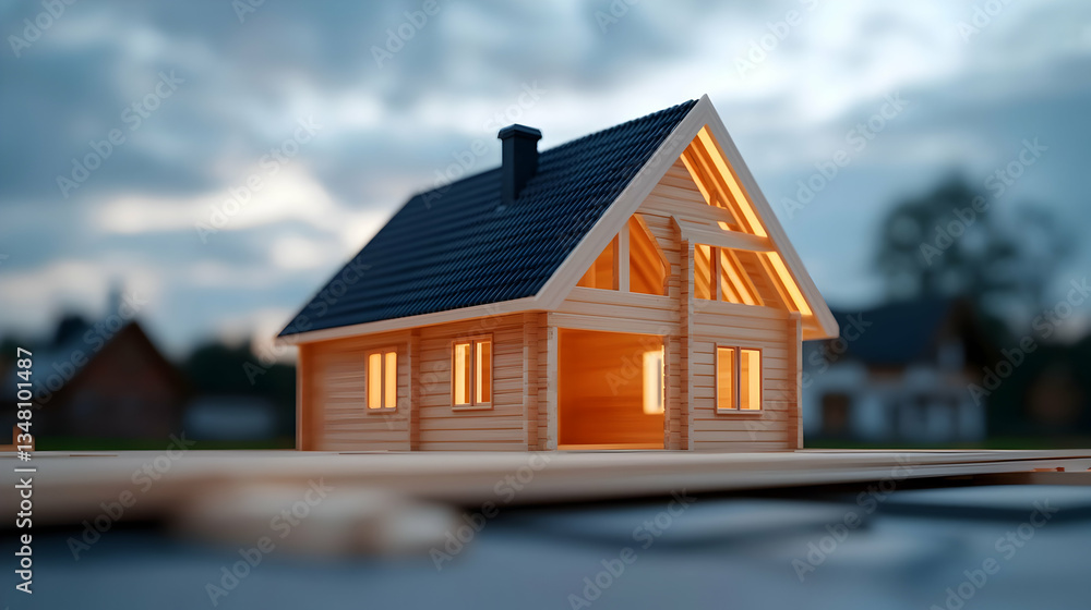 Illuminated Wooden House Model Under Construction at Dusk Illuminated Wooden House Model Under Construction at Dusk