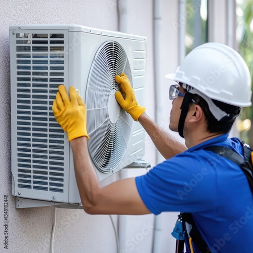 Technician inspecting outdoor air conditioning unit mounted on a light-grey wall while wea a white hard hat, safety glasses, and yellow gloves, blue shirt