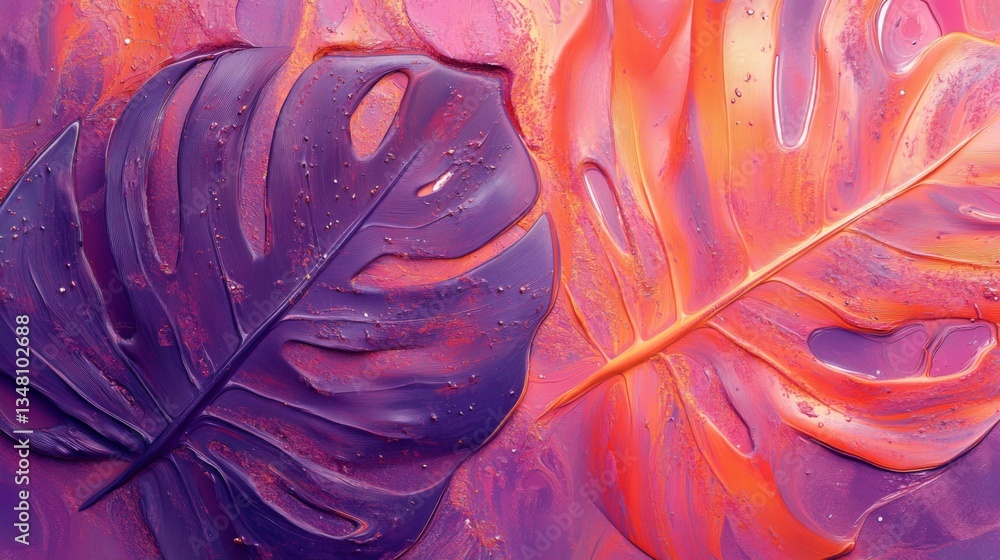 Obraz premium Abstract Painting of Two Monstera Leaves in Vibrant Hues