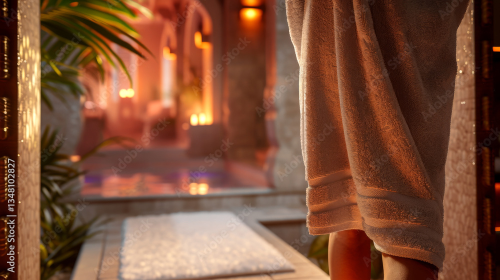 Fototapeta premium A person in a towel stands at the entrance of a luxurious spa with warm lighting, candles, and a peaceful indoor pool.