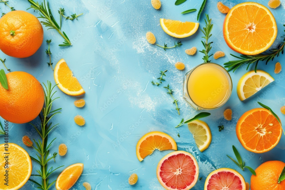 Top View of Orange Grapefour and Lemon Citrus Fruits with Juice and Herbs on Blue Background Top View of Orange Grapefour and Lemon Citrus Fruits with Juice and Herbs on Blue Background