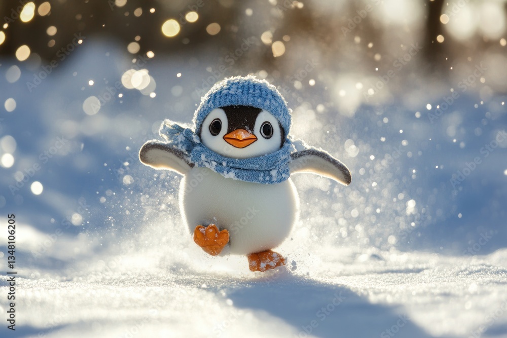 A Cute Penguin Is Running Happily Through Fresh Snow A Cute Penguin Is Running Happily Through Fresh Snow