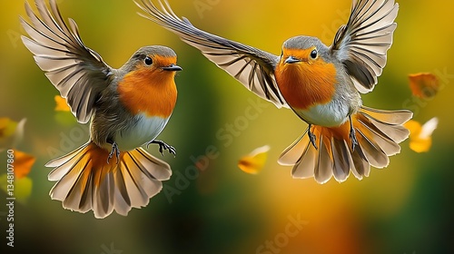 Two vibrant robins in mid-flight showcasing their colorful plumage against a blurred autumn background : Generative AI
