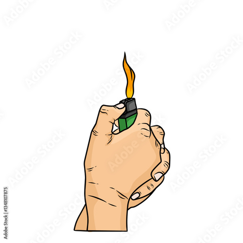 vector of hands in the pose of lighting a gas lighter with a burning flame