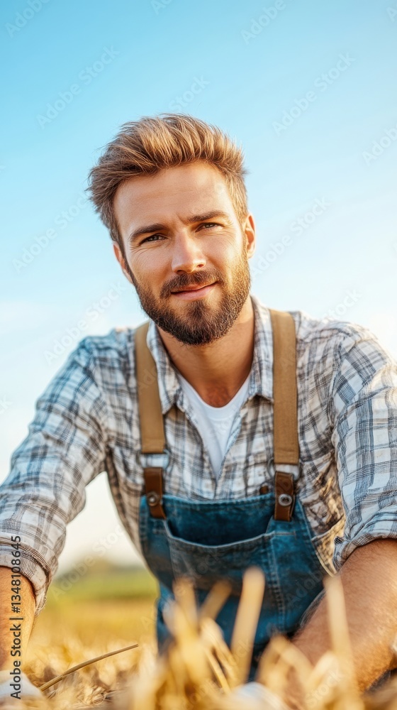 Smiling Farmer in Checkered Shirt on Bright Sunny Day Outdoors Smiling Farmer in Checkered Shirt on Bright Sunny Day Outdoors