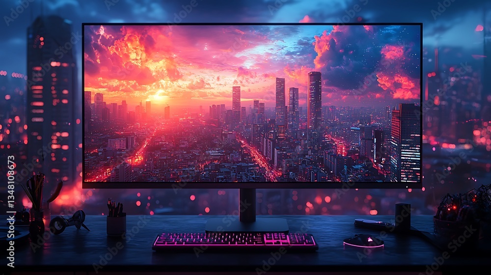 Vibrant city sunset displayed on a large monitor on a desk. Vibrant city sunset displayed on a large monitor on a desk.