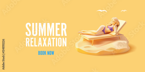 Modern banner for booking and discounts for summer vacation and relaxation. 3D character of a girl sunbathing on the beach. Vector illustration.