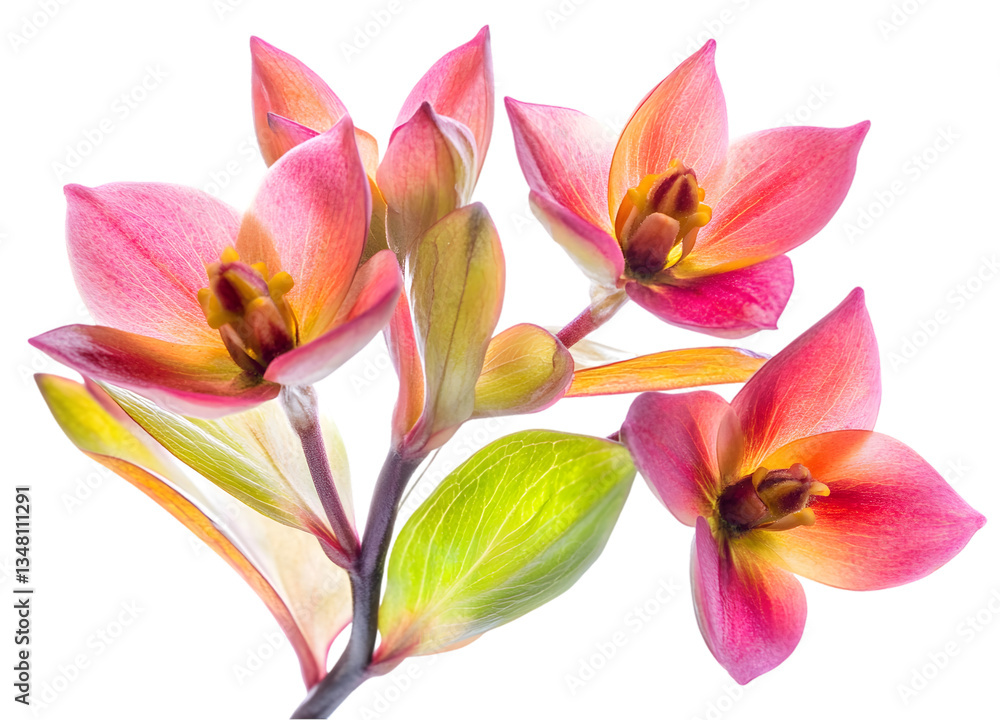 Fototapeta premium Closeup Bright Pink And Orange Flowers With Green Leaves