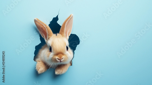 青い壁から顔を出すウサギの可愛らしい表情