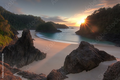 Sunrise over sandy beach with rock formations