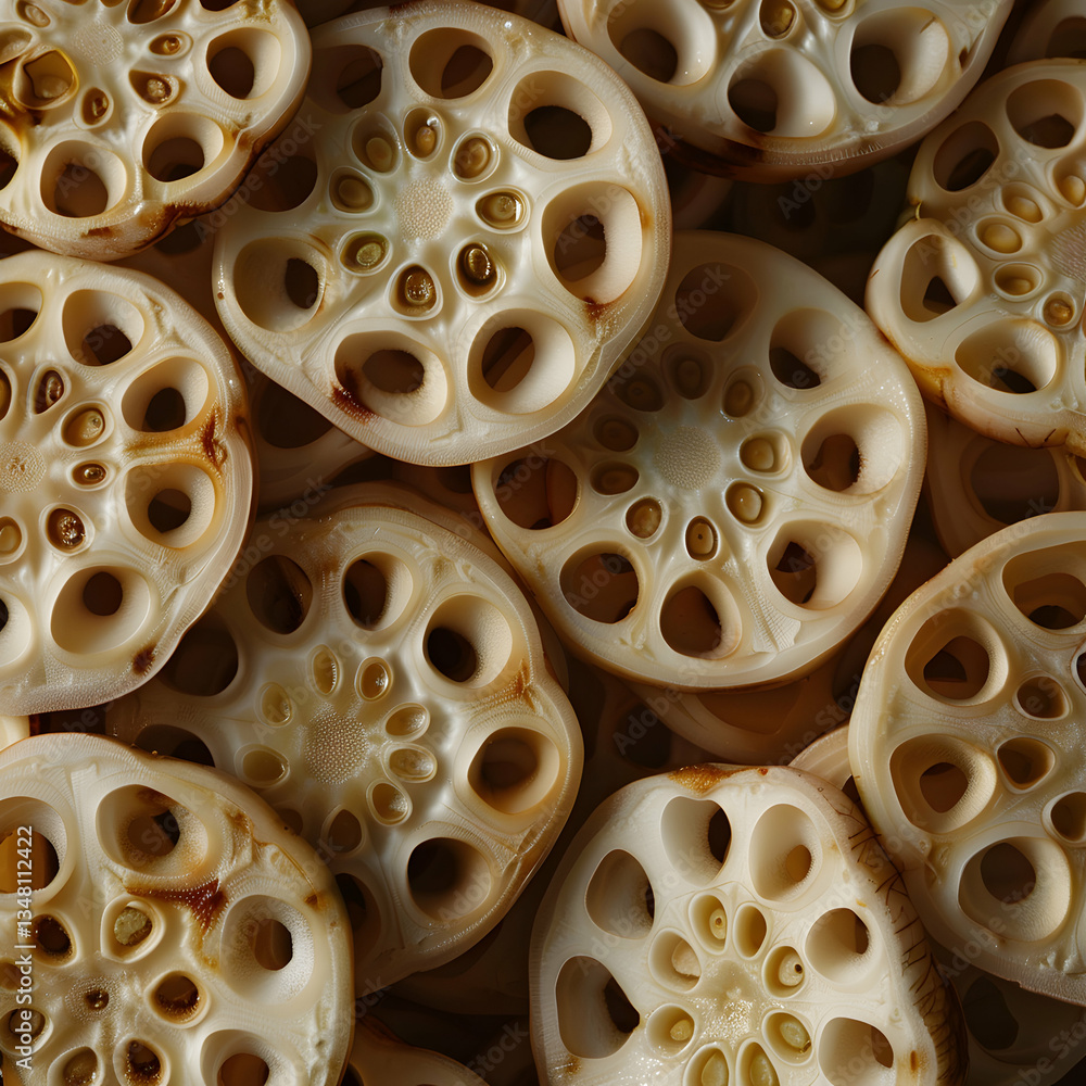 Fototapeta premium Sliced Lotus Root with a Natural Porous Structure and Unique Design