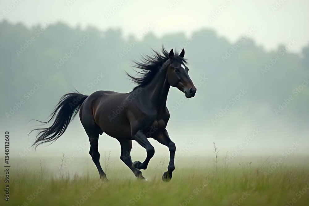 Obraz premium Majestic Black Stallion Galloping Gracefully Through a Misty Meadow