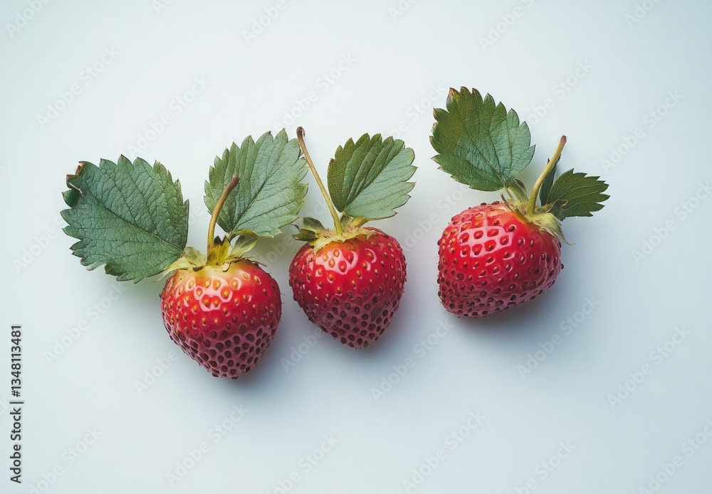 Fresh strawberries with leaves. Three bright red strawberries, each with small green leaves, are arranged in a horizontal row on a plain white surface. The strawberries appear ripe and juicy Fresh strawberries with leaves. Three bright red strawberries, each with small green leaves, are arranged in a horizontal row on a plain white surface. The strawberries appear ripe and juicy